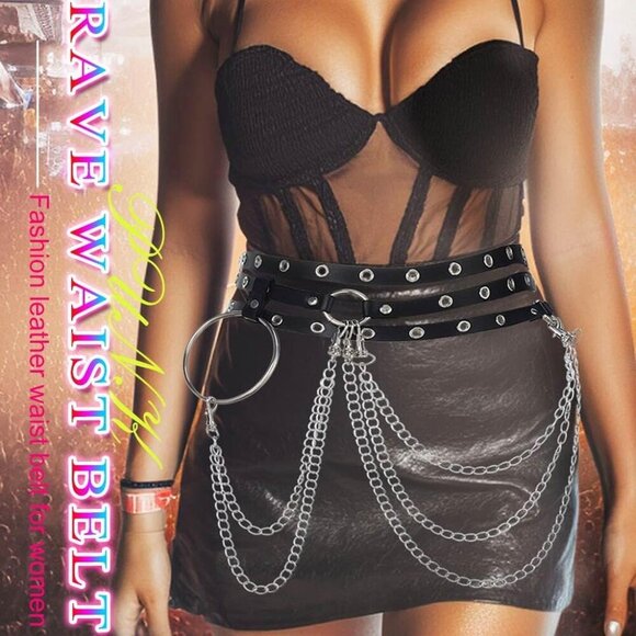 Black Leather Waist Chain Punk Rave Accessories Adjustable for Women - Picture 6 of 7